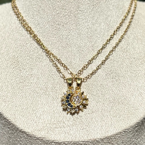 18K Gold Plated Stainless Steel 2 set Diamond Moon & Star Necklace - Picture 5 of 7